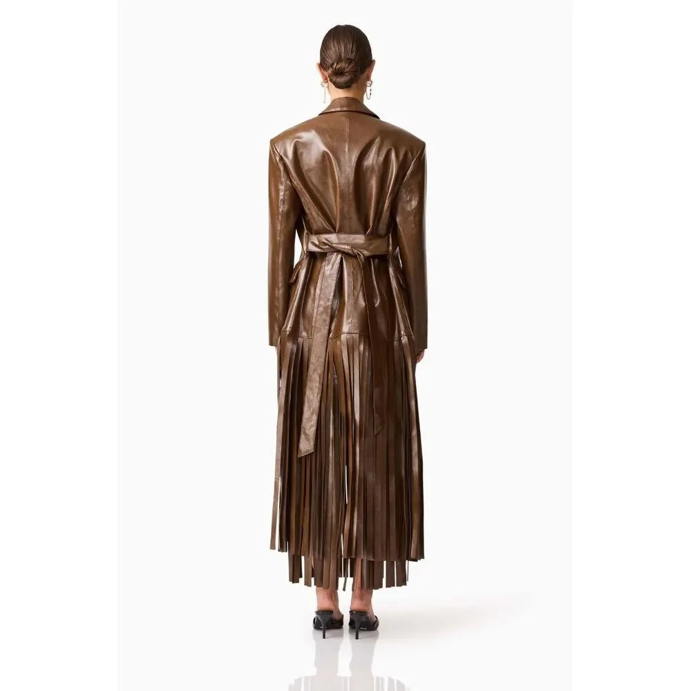ELLIATT Vegan Leather Fringe Suit Set – Brown Blazer & Maxi Skirt size S NWT - Picture 3 of 11